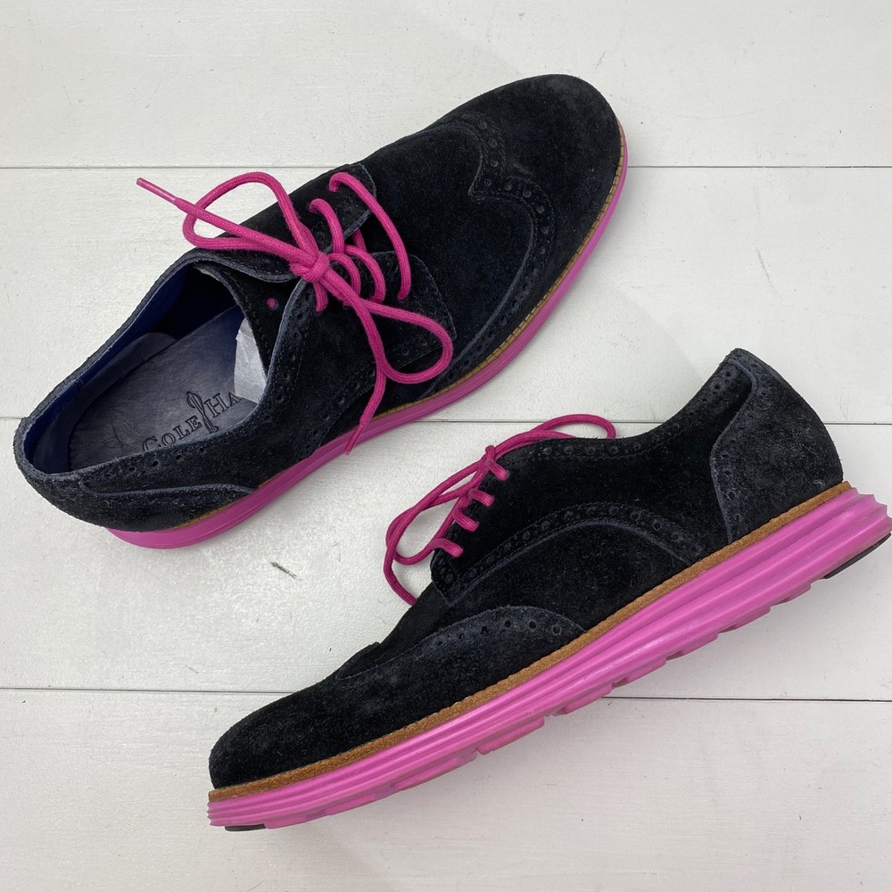 Cole Haan Lunargrand Wingtip Oxford Men Size 9 Black Suede Pink C11098 161